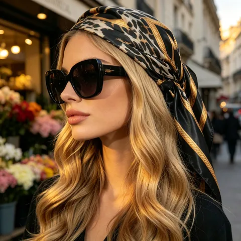 Women Leopard Print Satin Square Scarf Vintage Gold Chain Letter Headwrap Head Scarf Large Silk Feel Hijab For Daily Vacation