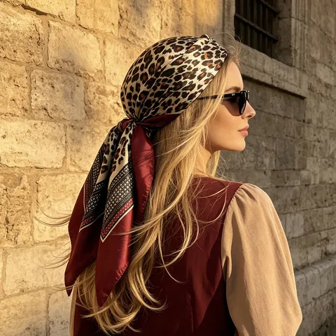 Sciarpa Quadrata Con Stampa Leopardata Raso Sintetica Raso Grande Moda Elegante Retrò Fascia Per Capelli Donna Accessori Chic