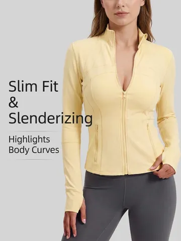 Women Slim Fit Yoga Jacket Stand Collar Spliced Sports Coat with Thumbholes Full Zip Breathable Fitness Activewear Top