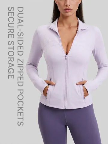 Women Slim Fit Yoga Jacket Stand Collar Spliced Sports Coat with Thumbholes Full Zip Breathable Fitness Activewear Top