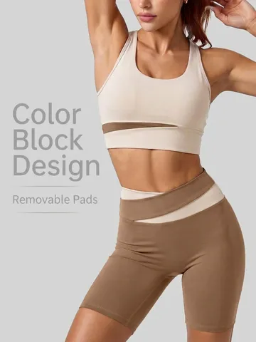 Women Color-block Sports Yoga Set Polyester Spandex Sleeveless Top And Bottom High Waist Biker Shorts Workout Fitness Wear