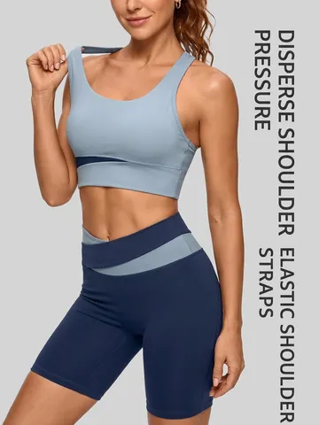 Women Color-block Sports Yoga Set Polyester Spandex Sleeveless Top And Bottom High Waist Biker Shorts Workout Fitness Wear