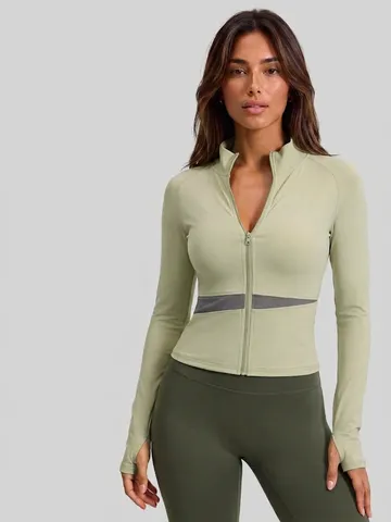 Women's Color Block Yoga Jacket Slim Fit Stand Collar Long Sleeve Sports Top With Thumbhole Quick Dry Running Fitness Jacket