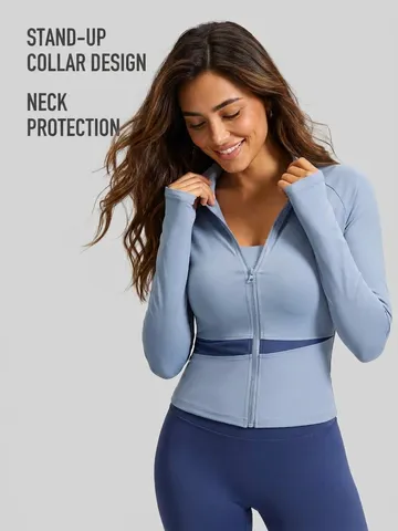 Women's Color Block Yoga Jacket Slim Fit Stand Collar Long Sleeve Sports Top With Thumbhole Quick Dry Running Fitness Jacket