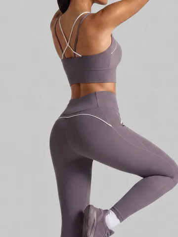 Women High Impact Sport Yoga Set Top And Bottom Linear Design Padded Bra And High Waist Leggings Tummy Control Gym Activewear