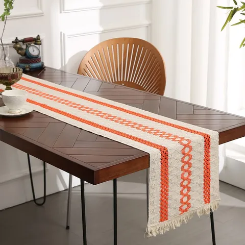 Runner da Tavolo Boho in Cotone e Juta Moderno Minimalista a Righe Intrecciato Con Nappine per Sala da Pranzo Casa Matrimonio Festa