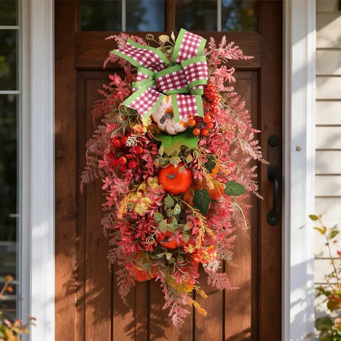 Thanksgiving Teardrop Swag Wreath Artificial Pumpkin Berry Maple Leaf Autumn Harvest Front Door Wall Hanging Decor Plaid Bow