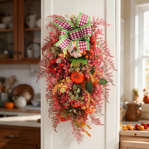 Thanksgiving Teardrop Swag Wreath Artificial Pumpkin Berry Maple Leaf Autumn Harvest Front Door Wall Hanging Decor Plaid Bow