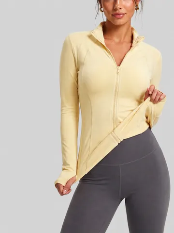 Women Slim Fit Yoga Jacket Zip Up Long Sleeve Sport Top With Thumb Holes Breathable Sun Protection Quick Dry Athletic Workout Coat