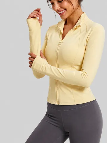 Women Slim Fit Yoga Jacket Zip Up Long Sleeve Sport Top With Thumb Holes Breathable Sun Protection Quick Dry Athletic Workout Coat