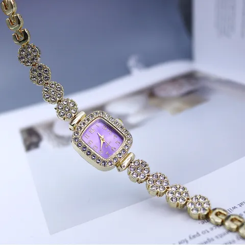Luxus Quadratisch Strass Damen Quarzuhr Elegant Legierung Edelstahl Gliederarmband Uhr Blumen Design Mode Gold Kleid Uhr Für Damen