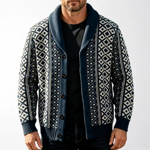 Men Shawl Collar Argyle Jacquard Knitted Cardigan Loose Thick Sweater Jacket Autumn Winter Outerwear Navy Blue Top