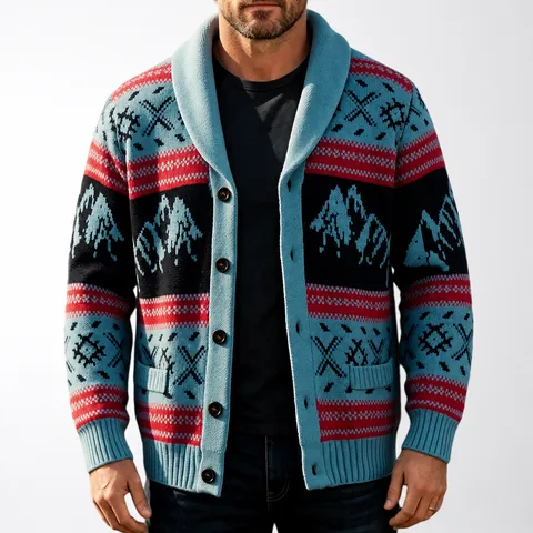 Men's Retro Ethnic Style Jacquard Shawl Collar Cardigan Thick Knit Sweater Coat Casual Winter Warm Polyester Top