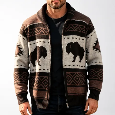 Men American Retro Bison Jacquard Knitted Cardigan Thickened Full Zipper Sweater Jacket Patchwork Geometric Pattern Knitwear Top
