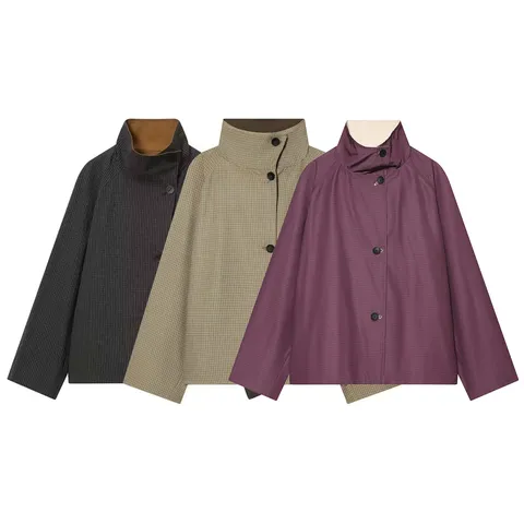Women Short Trench Coat Jacket Stand Collar Single Breasted Reversible Twill Casual Minimalist Outerwear For Lady