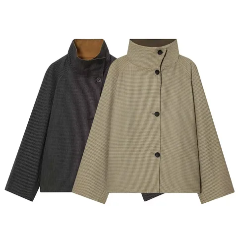 Women Short Trench Coat Jacket Stand Collar Single Breasted Reversible Twill Casual Minimalist Outerwear For Lady