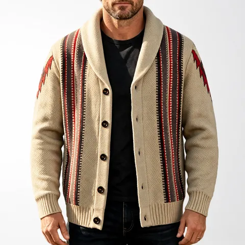 Men Japanese Retro Shawl Collar Striped Cardigan Thick Knitted Sweater Jacket Jacquard Long Sleeve Top For Autumn Winter