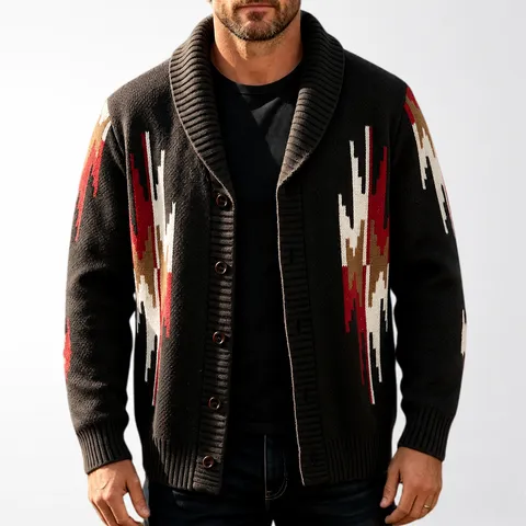 Men's Vintage Geometric Jacquard Cardigan Sweater Japanese Retro Thickened Shawl Collar Knit Outerwear Top
