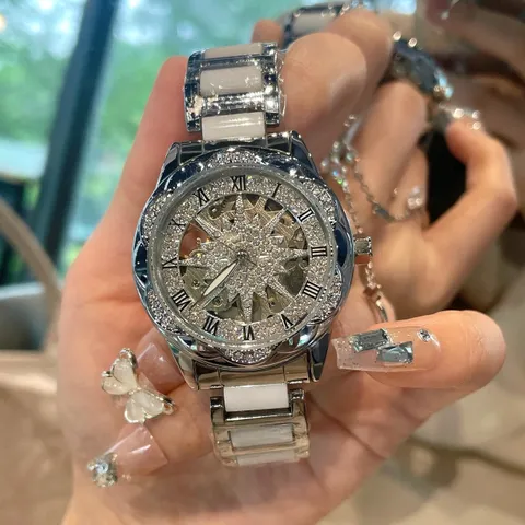 NASIR Women Mechanical Watch Luxury Hollow Sunflower Rhinestone Ceramic Leather Waterproof Ladies Automatic Wristwatch