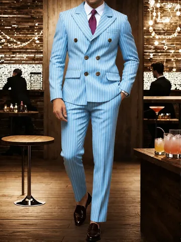 Men Polyester Pinstripe Suit Top And Bottom Double Breasted Peak Lapel Formal Business Suit For Wedding Banquet Banquet