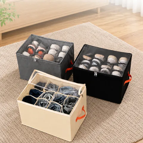Foldable 12 Compartment Shoe Box Storage Organizer Underbed Closet Storage Box With Transparent Lid Handle Non-woven Oxford Fabric Bedroom Organization