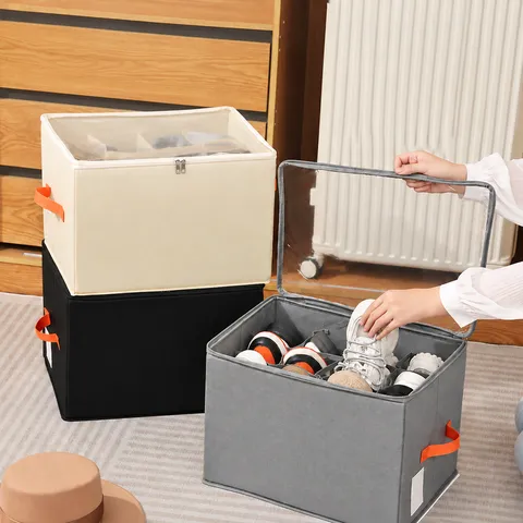 Foldable 12 Compartment Shoe Box Storage Organizer Underbed Closet Storage Box With Transparent Lid Handle Non-woven Oxford Fabric Bedroom Organization