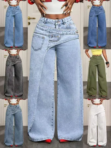 Damen High Waist Wide Leg Jeans Asymmetrischer Bund Design Denim Hosen Lose Gerade Lässige Gewaschene Blaue Streetwear Hose