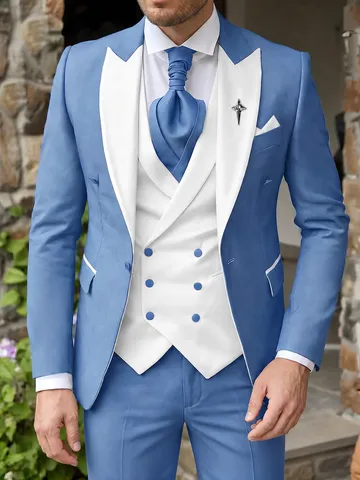 Men's Light Blue Three-Piece Suit Set With White Peak Lapel Single Breasted Business Banquet Formal Slim Fit Suit Jacket Vest Pants