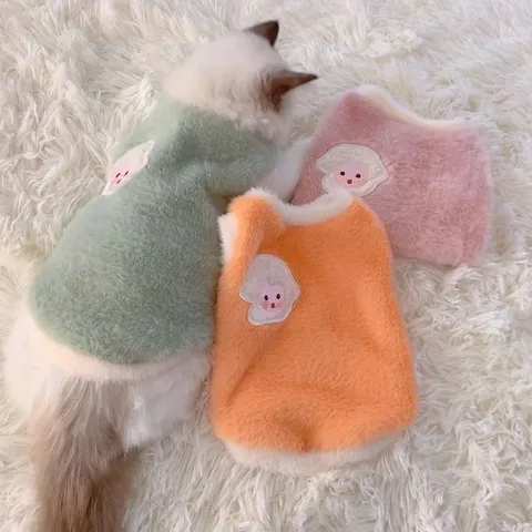Cute Cartoon Sheep Embroidered Pet Vest Autumn Winter Warm Thickened Fleece Cat Dog Sweater Soft Breathable Puppy Kitten Vest