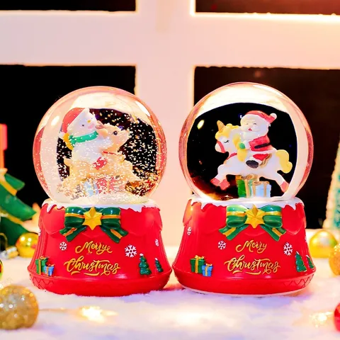 Luxe Boule à Neige de Noël Père Noël Renne Boule de Cristal Boîte à Musique LED Lumineux Ornement de Bureau Cadeau