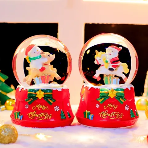 Luxe Boule à Neige de Noël Père Noël Renne Boule de Cristal Boîte à Musique LED Lumineux Ornement de Bureau Cadeau