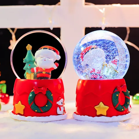 Christmas Festive Crystal Ball Snow Globe Music Box Resin Glass Santa Claus Snowman Figurine Glowing Desktop Ornament Holiday Gift