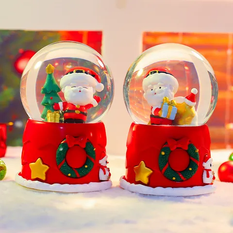 Christmas Festive Crystal Ball Snow Globe Music Box Resin Glass Santa Claus Snowman Figurine Glowing Desktop Ornament Holiday Gift