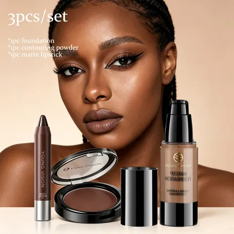 Facial Makeup Collection Liquid Foundation Pressed Powder Matte Lipstick Eyebrow Pencil Long Lasting Cosmetics Kit