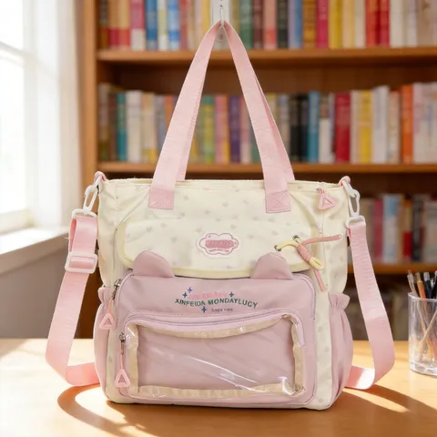 Japanischer Stil Süße Katzenohr Transparente Fenster Ita Tasche Student Casual Nylon Grosse Kapazität Tote Schulter Schultasche