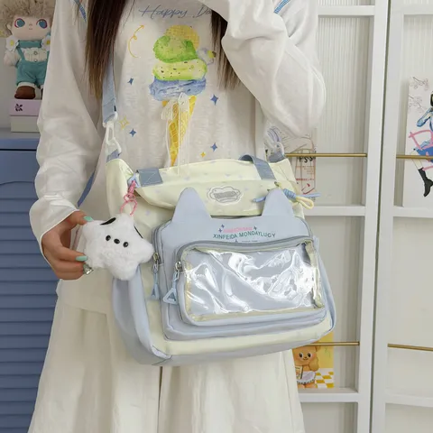 Japanischer Stil Süße Katzenohr Transparente Fenster Ita Tasche Student Casual Nylon Grosse Kapazität Tote Schulter Schultasche