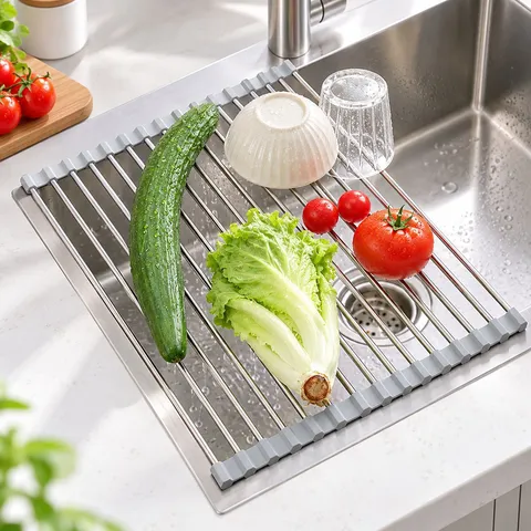 Égouttoir à Vaisselle Pliable en Acier Inoxydable Support de Lavabo de Cuisine Enroulable Tapis Résistant à la Chaleur Gris Noir