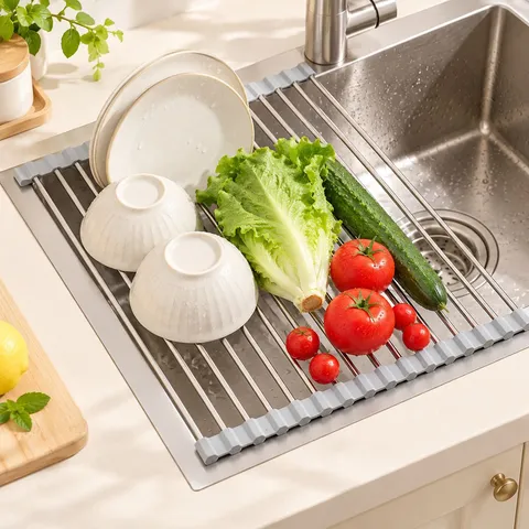 Égouttoir à Vaisselle Pliable en Acier Inoxydable Support de Lavabo de Cuisine Enroulable Tapis Résistant à la Chaleur Gris Noir