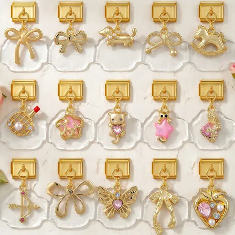 Eslabones de Pulsera Charm Italiano de Acier Inoxidable DIY Modular Chapado en Oro Lazo Animal Fresa Strass Perla Joya Regalo