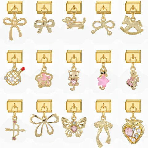 Eslabones de Pulsera Charm Italiano de Acier Inoxidable DIY Modular Chapado en Oro Lazo Animal Fresa Strass Perla Joya Regalo
