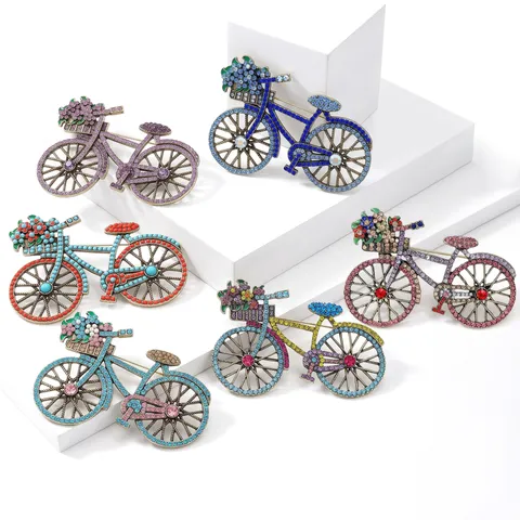 Retro Alloy Bicycle Brooch Pin For Women With Colorful Rhinestone Inlaid Fashion Flower Basket Lapel Pin Jewelry Gift