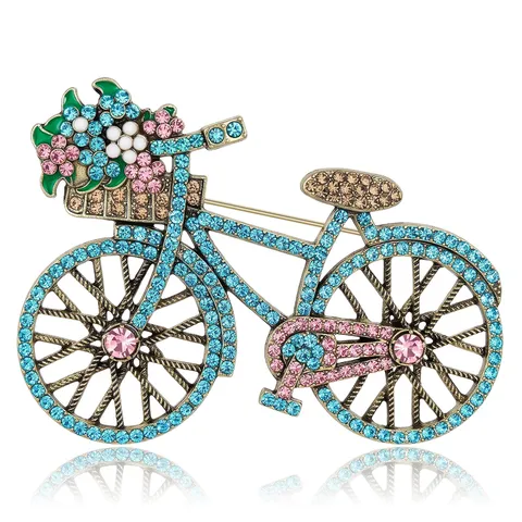 Retro Alloy Bicycle Brooch Pin For Women With Colorful Rhinestone Inlaid Fashion Flower Basket Lapel Pin Jewelry Gift