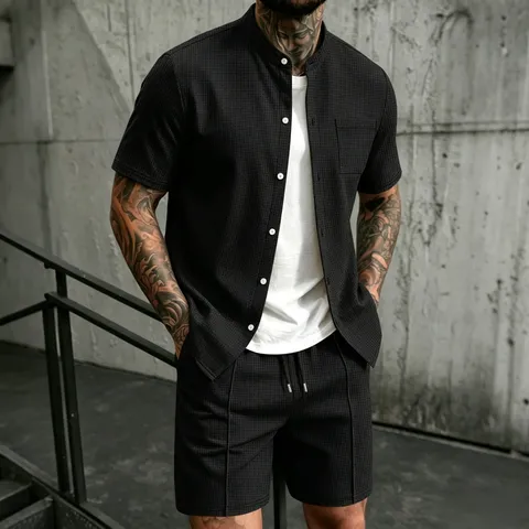 Men's Summer Casual Waffle Knit Cardigan And Shorts Set Short Sleeve Shirt And Drawstring Shorts Casual Streetwear Outfit