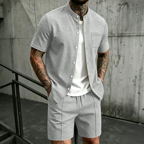 Men's Summer Casual Waffle Knit Cardigan And Shorts Set Short Sleeve Shirt And Drawstring Shorts Casual Streetwear Outfit