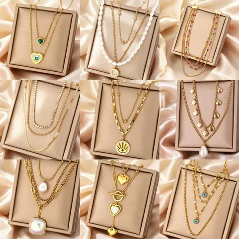 Stainless Steel Multi Layer Pendant Necklace For Women Gold Rhinestone Artificial Pearl Heart Evil Eye Roman Numeral Fashion Jewelry