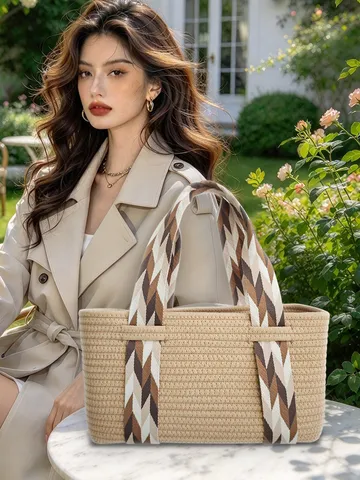 Bolso De Mano Tejido De Cuerda De Algodón De Gran Capacidad Para Mujer Bolso Tote Para Vacaciones Playa Picnic Con Asa Geométrica