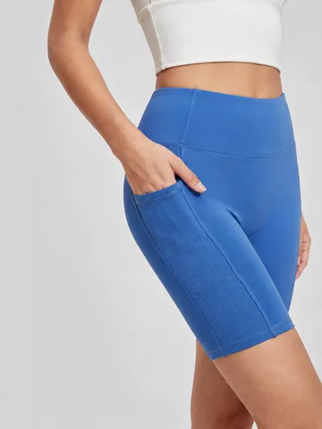 Short de Yoga Taille Haute avec Poche Rayée pour Femmes Contrôle du Ventre Lifting des Fesses Course à Pied Sportif