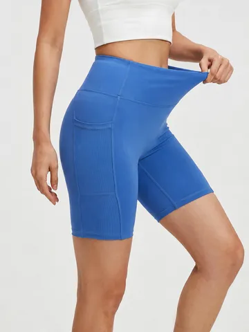 Short de Yoga Taille Haute avec Poche Rayée pour Femmes Contrôle du Ventre Lifting des Fesses Course à Pied Sportif