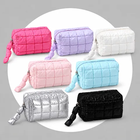 Trousse De Toilette Matelassée Puffer Grande Capacité Voyage Maquillage Pochette Fermeture Éclair Portable Couleur Unie Pour Femmes