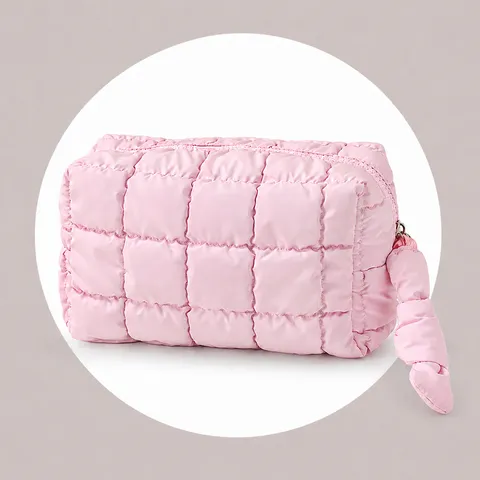 Trousse De Toilette Matelassée Puffer Grande Capacité Voyage Maquillage Pochette Fermeture Éclair Portable Couleur Unie Pour Femmes